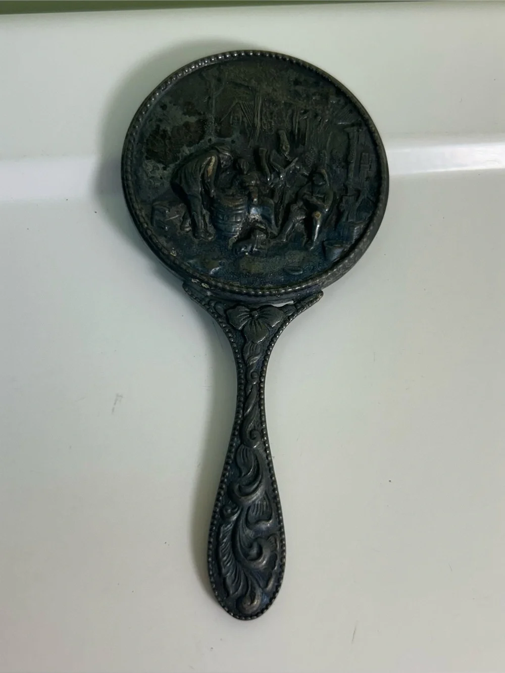 Art Nouveau Vintage Small Hand Mirror 4”x 2” Repousse Pocket Vanity Silver Plate